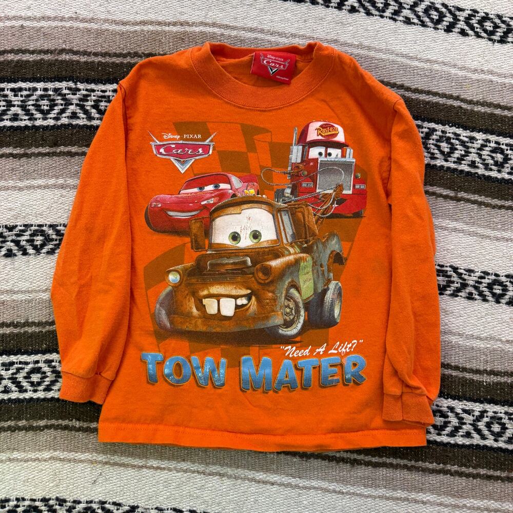 Kids Vintage 2000's Disney Pixar Cars Tow Mater Orange Long Sleeve Shirt Sz 7
